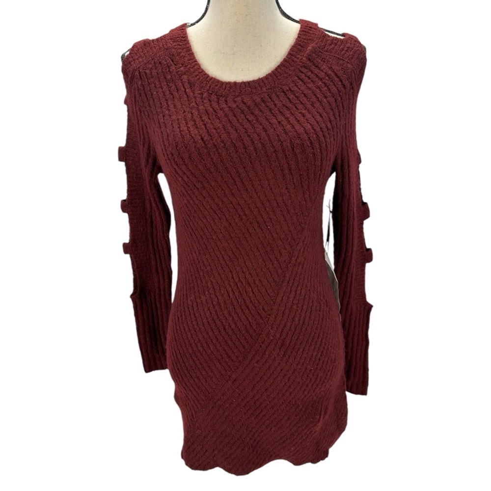 Crave Fame Long Cut Out Ladder Sleeve Crew Neck Sweater - Maroon Red